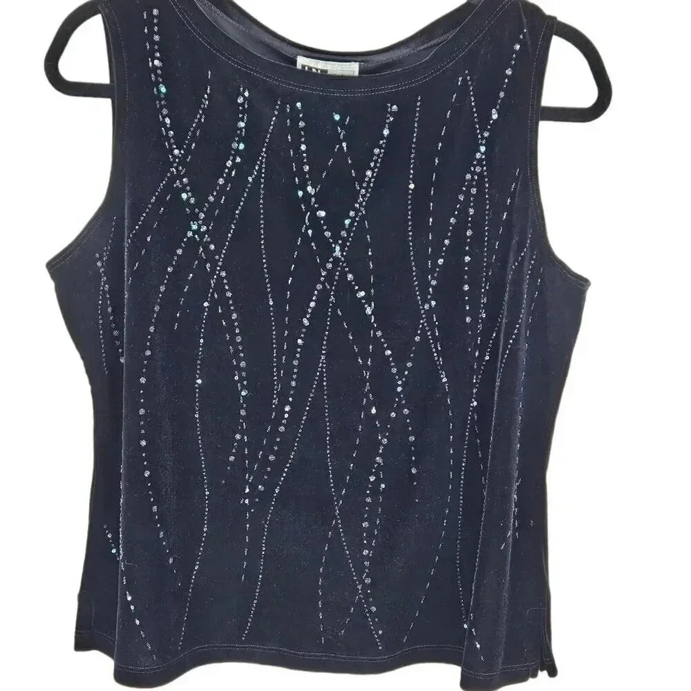 Vintage I.N. Studio Velvet Black Tank Top- Beaded‎ Design- Size Large